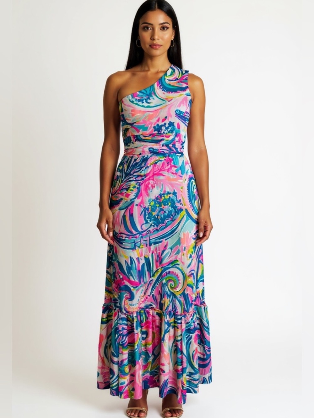 Lilly Pulitzer Mooney One-Shoulder Maxi Dress in Pink Multicolor Swirl M